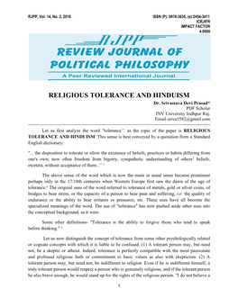 RELIGIOUS TOLERANCE and HINDUISM Dr