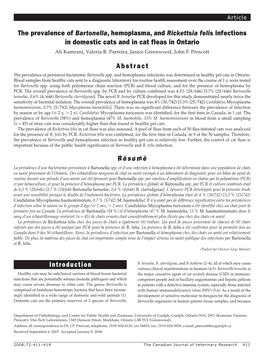 Introduction the Prevalence of Bartonella, Hemoplasma, And