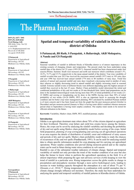 Spatial and Temporal Variability of Rainfall in Khordha District of Odisha