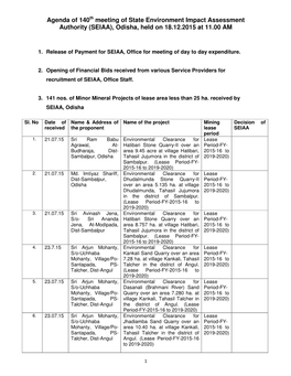 Agenda of 140Th Meeting of State Environment Impact Assessment Authority (SEIAA), Odisha, Held on 18.12.2015 at 11.00 AM