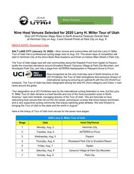 Nine Host Venues Selected for 2020 Larry H. Miller Tour of Utah Only UCI Proseries Stage Race in North America Features Overall Start at Herriman City on Aug