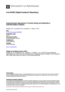 Supramolecular Approaches to Control Activity and Selectivity in Hydroformylation Catalysis