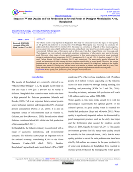 Impact of Water Quality on Fish Production in Several Ponds of Dinajpur Municipality Area, Bangladesh