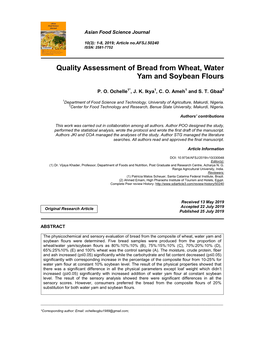 Quality Assessment of Bread from Wheat, Water Yam and Soybean Flours