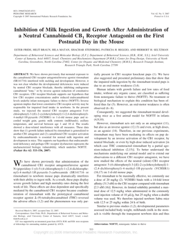 Inhibition of Milk Ingestion and Growth After Administration of a Neutral Cannabinoid CB1 Receptor Antagonist on the First Postnatal Day in the Mouse