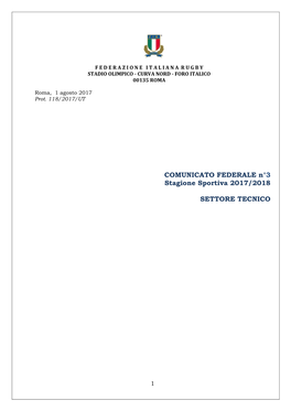 COMUNICATO FEDERALE N°3 Stagione Sportiva 2017/2018 SETTORE TECNICO