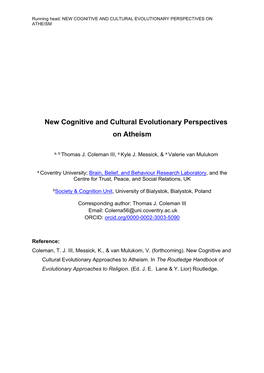 New Cognitive and Cultural Evolutionary Perspectives on Atheism
