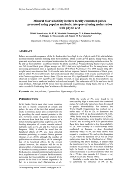 Mineral Bioavailability in Three Locally Consumed Pulses Processed Using Popular Methods: Interpreted Using Molar Ratios with Phytic Acid