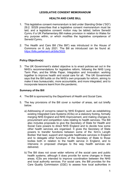 Legislative Consent Memorandum Health and Care Bill