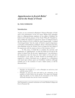 Apprehension in Jewish Belief and in the Study of Torah