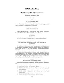 Rajya Sabha —— Revised List of Business