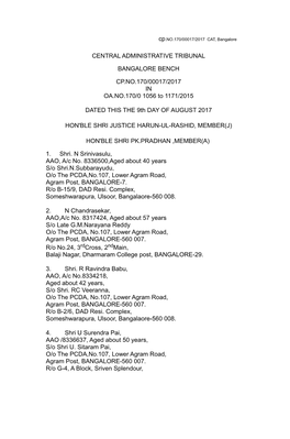 CENTRAL ADMINISTRATIVE TRIBUNAL BANGALORE BENCH CP.NO.170/00017/2017 in OA.NO.170/0 1056 to 1171/2015 DATED THIS the 9Th DAY OF