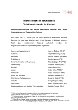 Michelle Bachelet Beruft Sieben Christdemokraten in Ihr Kabinett