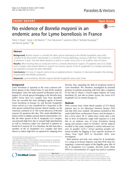 No Evidence of Borrelia Mayonii in an Endemic Area for Lyme Borreliosis in France Pierre H
