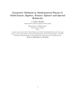 Geometric Methods in Mathematical Physics I: Multi-Linear Algebra, Tensors, Spinors and Special Relativity