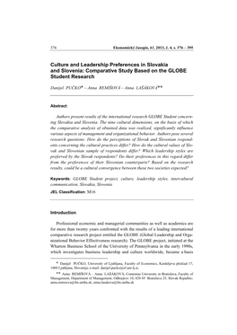 Culture and Leadership Preferences in Slovakia and Slovenia: Comparative Study Based on the GLOBE Student Research