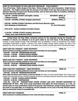 FEAST of the ENTRANCE of OUR LORD INTO JERUSALEM (PALM SUNDAY) Tone of the Feast