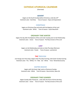 CATHOLIC LITURGICAL CALENDAR (Overview)