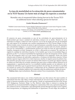 La Tasa De Mortalidad En La Extracción De Peces Ornamentales En La TCO Tacana: Un Factor Más Al Elegir Las Especies a Cosechar