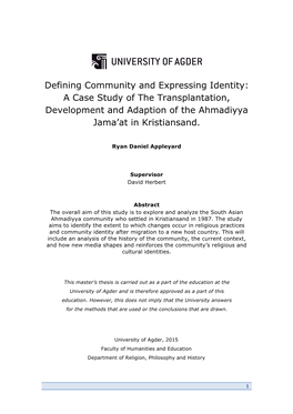 A Case Study of the Transplantation, Development and Adaption of the Ahmadiyya Jama’At in Kristiansand