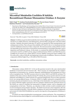 Microbial Metabolite Urolithin B Inhibits Recombinant Human Monoamine Oxidase a Enzyme