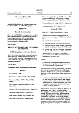 PETITION Sexual Discrimination PUBLIC ACCOUNTS and ESTIMATES COMMITTEE Public Hospitals: Contracted Doctors PAPERS GRANDPRIX