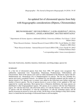 An Updated List of Chironomid Species from Italy with Biogeographic Considerations (Diptera, Chironomidae)