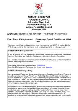 CYNGOR CAERDYDD CARDIFF COUNCIL Adroddiad Blynyddol I Aelodau Etholedig 2018 Annual Report for Elected Members 2018