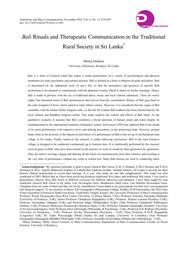 Bali Rituals and Therapeutic Communication in the Traditional Rural Society in Sri Lanka*