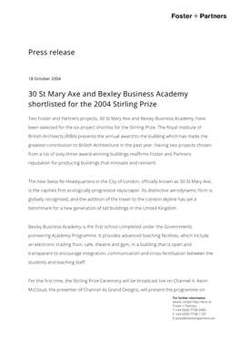 Press Release 30 St Mary Axe and Bexley Business Academy Shortlisted for the 2004 Stirling Prize