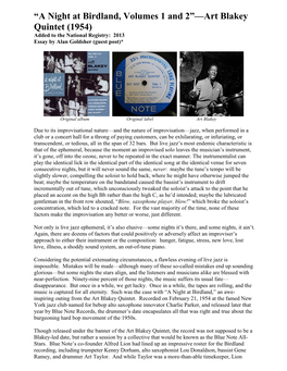 A Night at Birdland, Volumes 1 and 2”—Art Blakey Quintet (1954) Added to the National Registry: 2013 Essay by Alan Goldsher (Guest Post)*