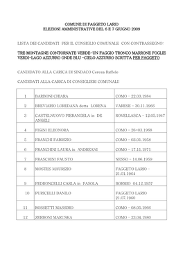 Comune Di Faggeto Lario Elezioni Amministrative Del 6 E 7 Giugno 2009 Lista Dei Candidati Per Il Consiglio Comunale Con Contr