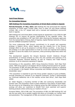 Joint Press Release for Immediate Release I&M Holdings PLC