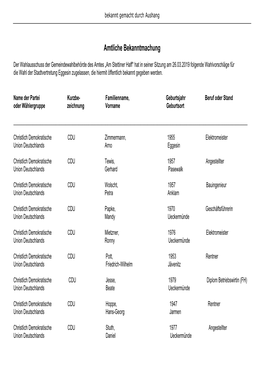 Zugelassene Wahlvorschläge Stadtvertretung Eggesin