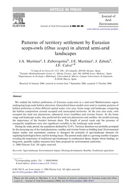 Patterns of Territory Settlement by Eurasian Scops-Owls (Otus Scops) in Altered Semi-Arid Landscapes
