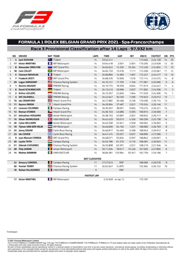 FORMULA 1 ROLEX BELGIAN GRAND PRIX 2021 - Spa-Francorchamps Race 3 Provisional Classification After 14 Laps - 97.932 Km