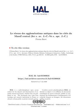 Le Réseau Des Agglomérations Antiques Dans Les Cités Du Massif Central (Ier S. Av. J.-C.-Ve S. Apr. J.-C.) Florian Baret