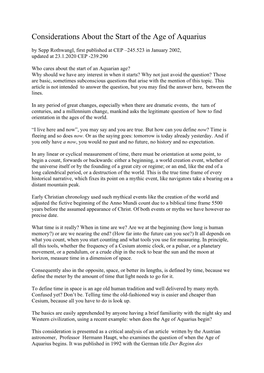 Considerations About the Start of the Age of Aquarius by Sepp Rothwangl, First Published at CEP –245.523 in January 2002, Updated at 23.1.2020 CEP -239.290