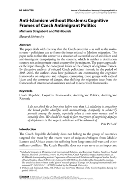 Cognitive Frames of Czech Antimigrant Politics Michaela Strapáčová and Vít Hloušek Masaryk University