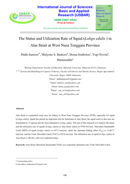 The Status and Utilization Rate of Squid (Loligo Edulis ) in Alas Strait at West Nusa Tenggara Province