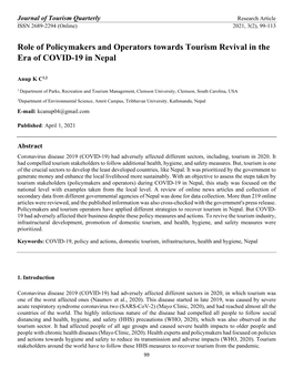 Role of Policymakers and Operators Towards Tourism Revival in the Era of COVID-19 in Nepal