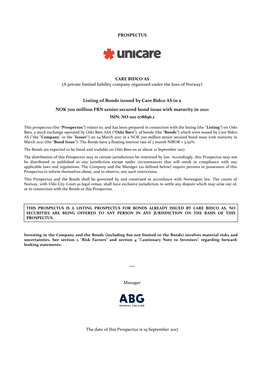 Listing of Bonds Issued by Care Bidco AS in a NOK 700 Million FRN Senior Secured Bond Issue with Maturity in 2021 ISIN: NO 001 078896.1