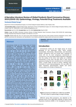 A Narrative Literature Review of Global Pandemic Novel Coronavirus Disease 2019 (COVID-19): Epidemiology, Virology, Potential Dr