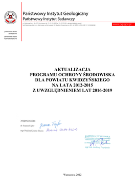 Aktualizacja Programu Ochrony Środowiska Dla Powiatu Kwidzy Ńskiego Na Lata 2012-2015 Z Uwzgl Ędnieniem Lat 2016-2019