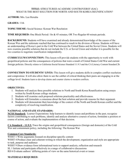 Title: Structured Academic Controversy (Sac) What Is the Best Solution for North and South Korea Reunification?