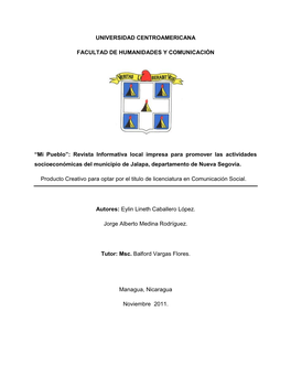 Mi Pueblo”: Revista Informativa Local Impresa Para Promover Las Actividades Socioeconómicas Del Municipio De Jalapa, Departamento De Nueva Segovia