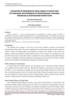 Utilization of Resources in Public Library in South Part of Tamilnadu with Reference to Virudhunagar, Tuticurin, Tirunelveli & Kanyakumari District Level