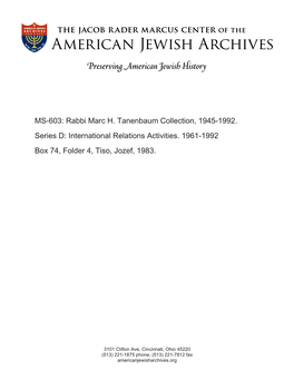 MS-603: Rabbi Marc H. Tanenbaum Collection, 1945-1992. Series D: International Relations Activities. 1961-1992 Box 74, Folder 4, Tiso, Jozef, 1983