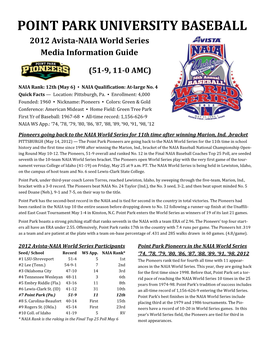 POINT PARK UNIVERSITY BASEBALL 2012 Avista-NAIA World Series Media Information Guide