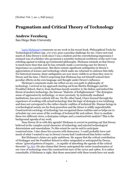 Pragmatism and Critical Theory of Technology